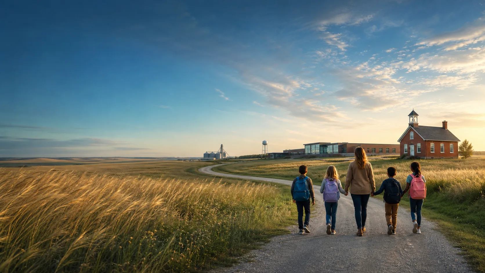Children and an educator walking through prairie toward rural and modern North Dakota schools